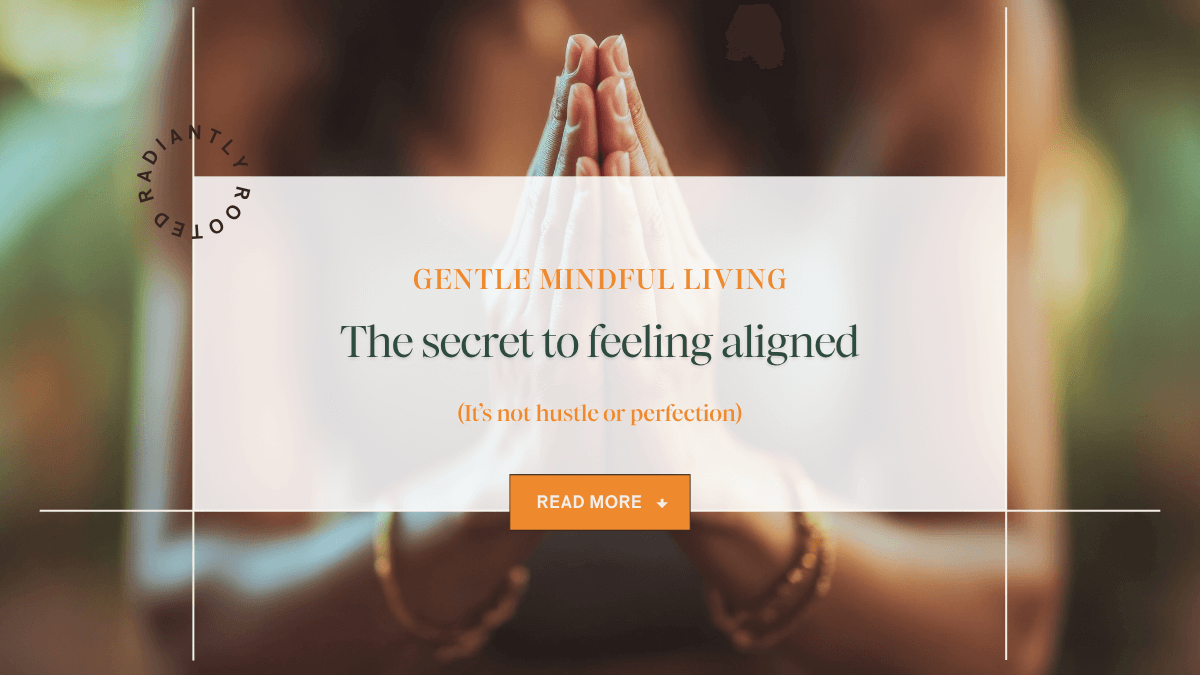 Close-up of a woman's hands in prayer with soft golden light, overlay text: What It Really Takes to Feel Aligned.