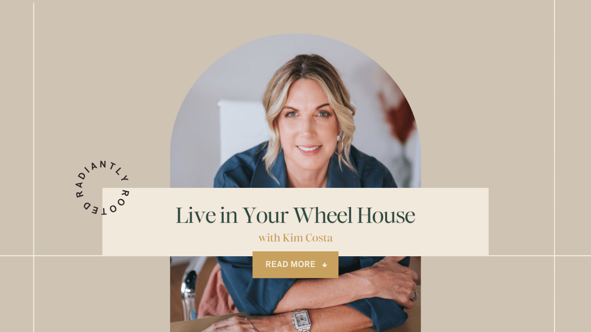 Portrait of Kim Costa seated indoors, smiling warmly at the camera. Text overlay reads ‘Live in Your Wheel House with Kim Costa’ with a ‘Read More’ button and Radiantly Rooted branding in soft, neutral tones.