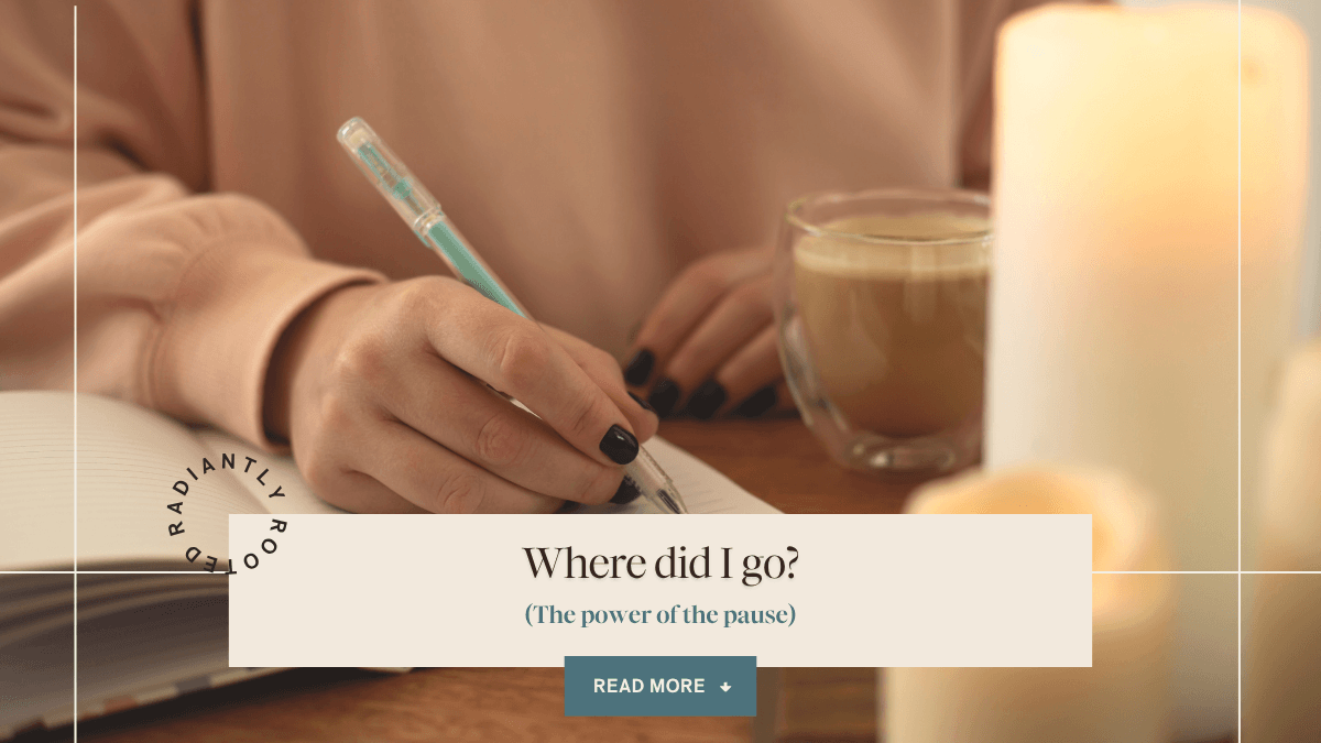 Woman journaling with coffee and candles for a mid-year check-in, captioned "Where did I go? The power of the pause"
