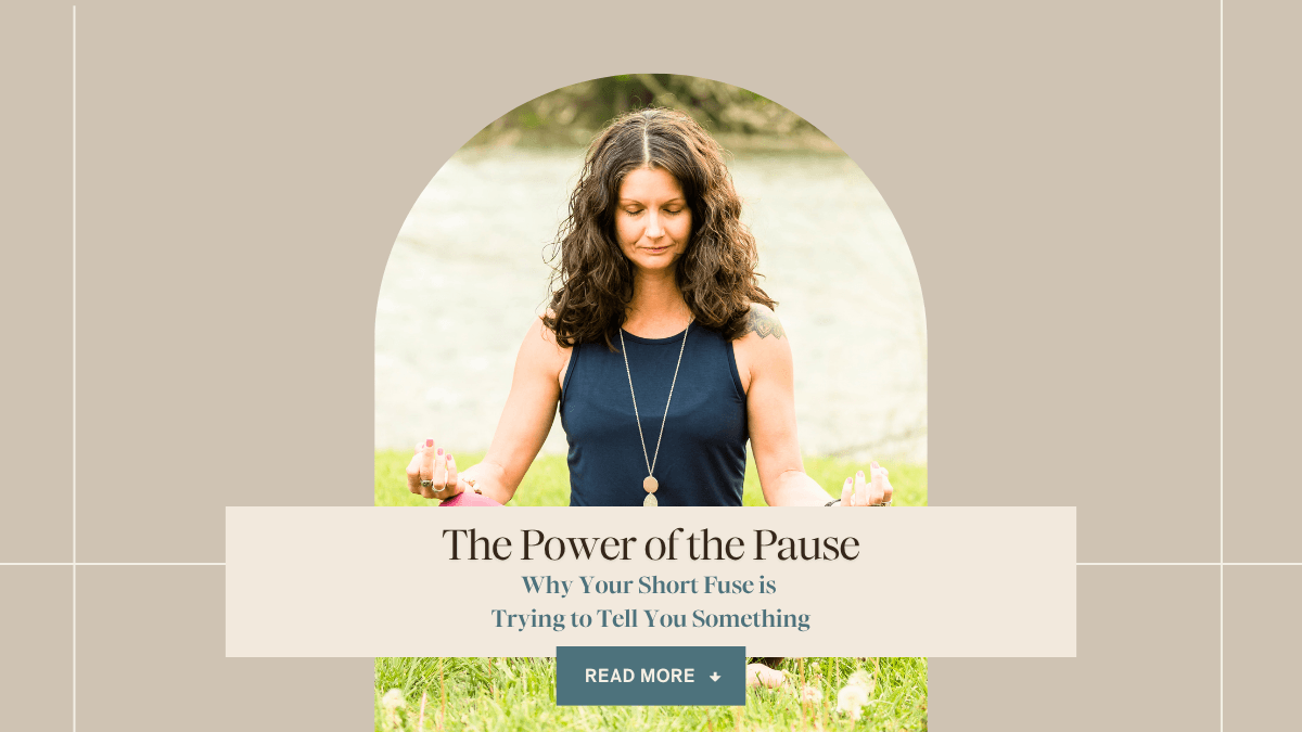 Rachel Cline in a seated meditation pose outdoors near water, banner for The Power of the Pause podcast feature