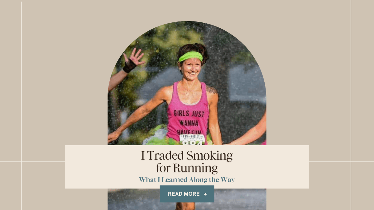 Arched blog banner of a runner crossing the finish line in confetti, titled I Traded Smoking for Running."