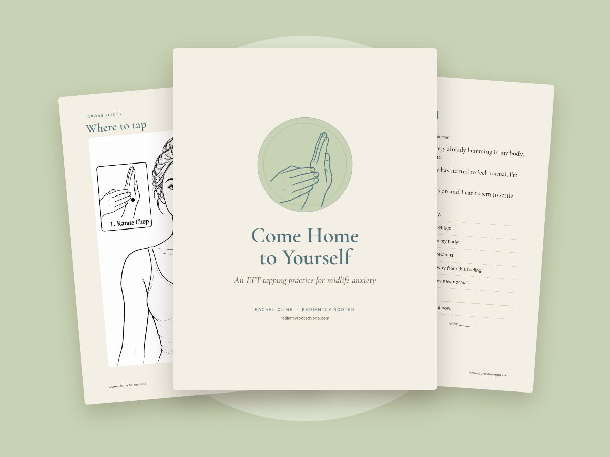 Pages from the Come Home to Yourself printable tapping guide, fanned out on a soft sage background